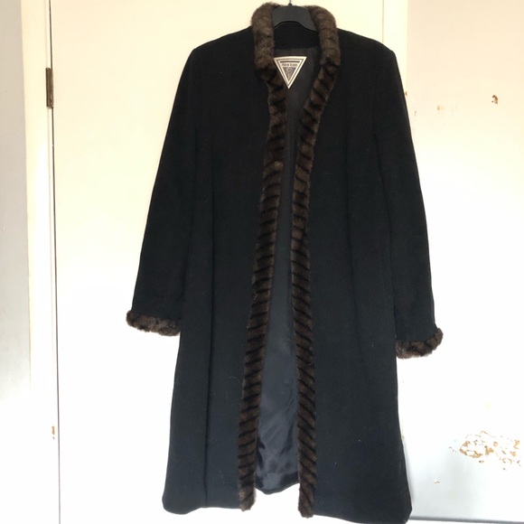 Marvin Richards 100% Wool Women's Black Fur Trim Old Rich Long Coat - Picture 2 of 14